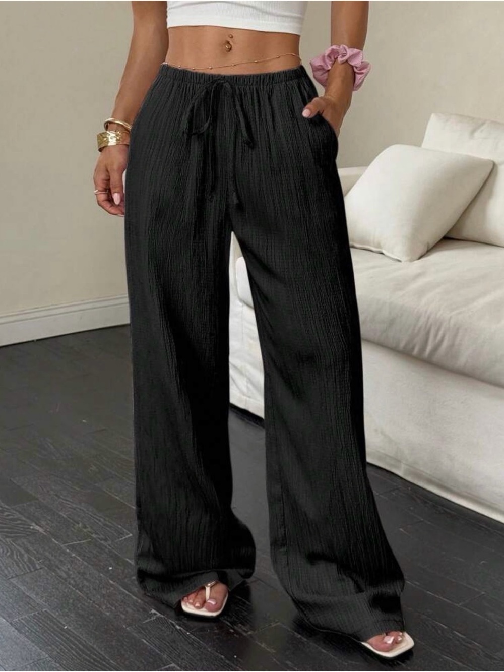 NEW Black Wide-Leg Textured Drawstring Pants - Women